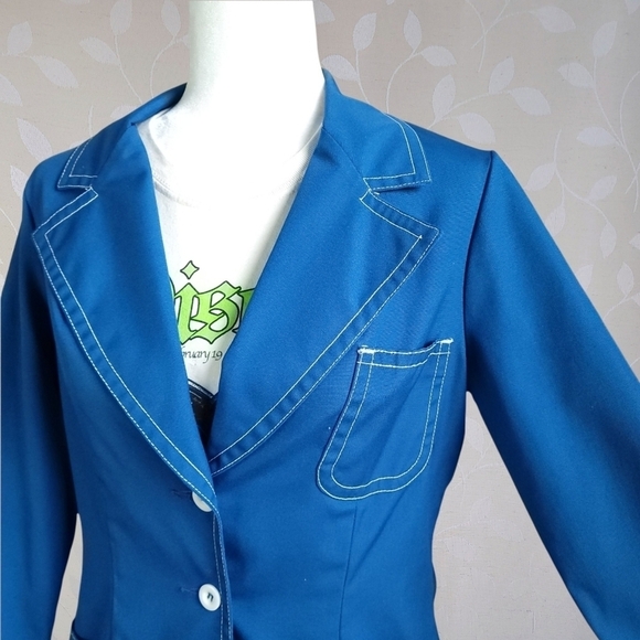 Vintage 70s Koratron Contrast Stitch Blazer Chore Jacket Koret Cerulean Blue Sm - Picture 5 of 16